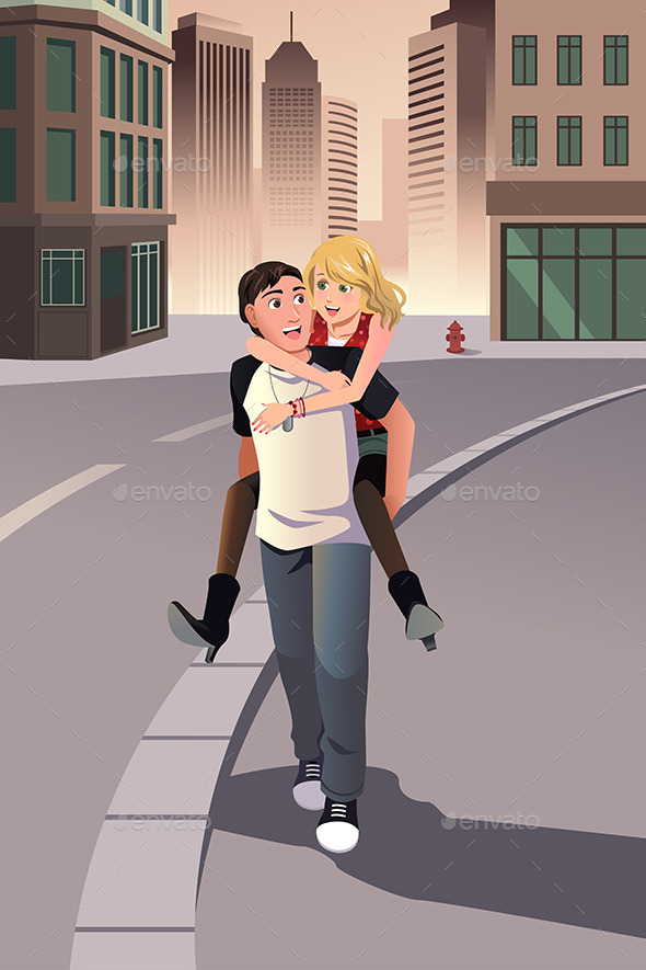 Man Giving Piggyback Ride to his Girlfriend - People Characters