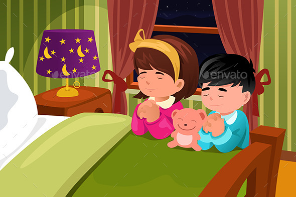 Kids Praying Before Going to Bed - People Characters
