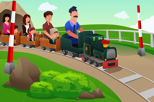 Kids and Their Parents Riding a Small Train - People Characters