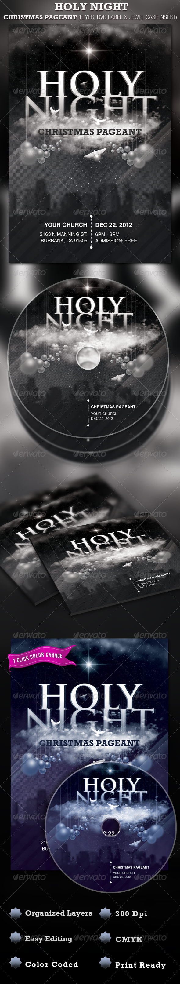 Holy Night Chirstmas Flyer and CD Label Template - Church Flyers