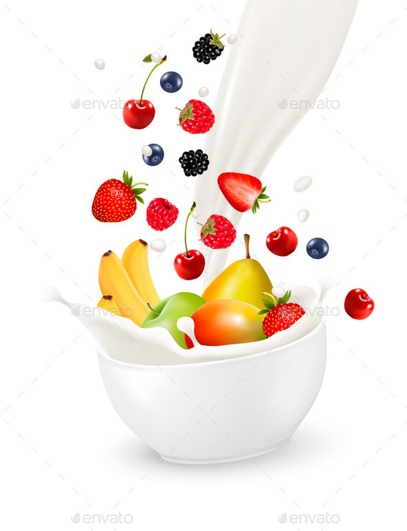 Bowl of Healthy Fruit and Splash of Milk - Food Objects