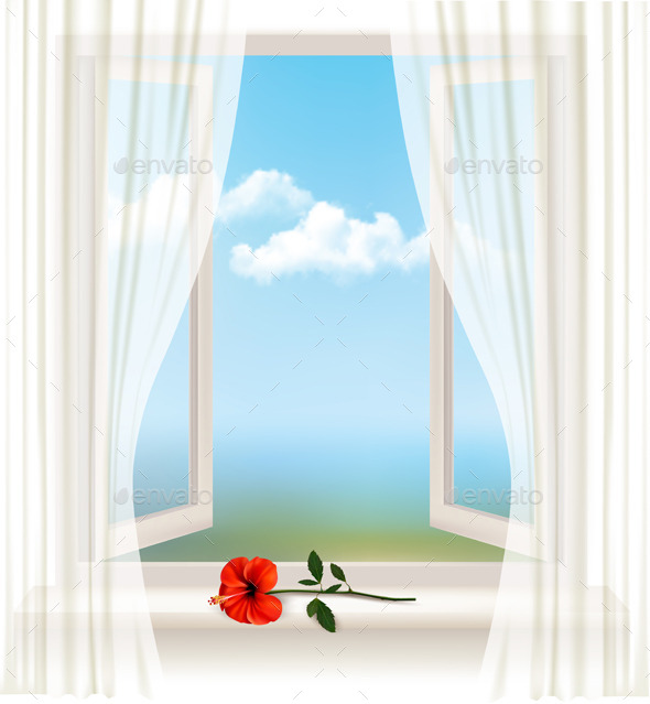 Background with an Open Window and a Red Flower - Objects Vectors