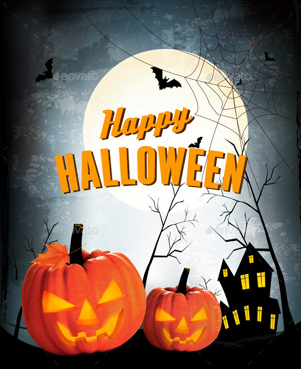 Retro Halloween Night Background with Two Pumpkins - Halloween Seasons/Holidays