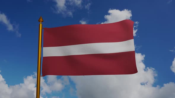 National flag of Latvia waving with flagpole and blue sky timelapse, Latvijas alt