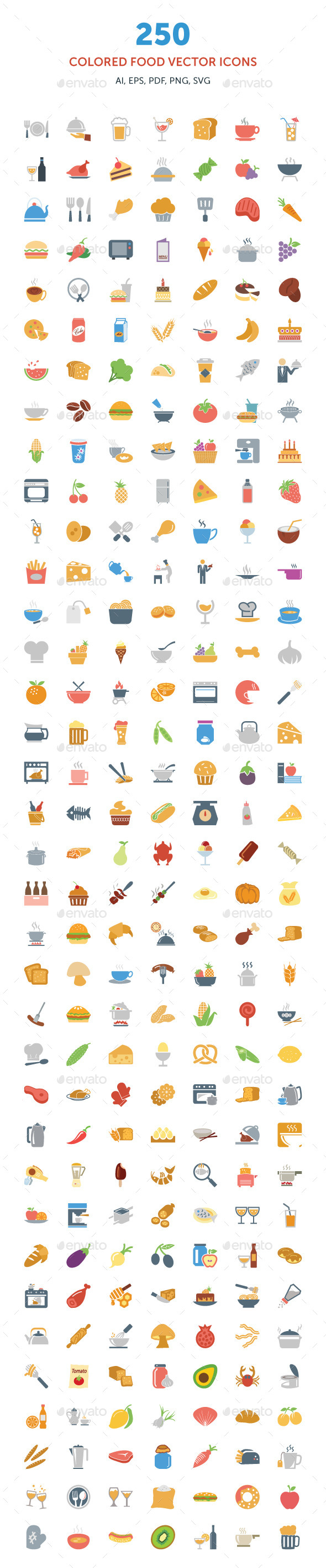 250 Colored Food Vector Icons - Food Objects