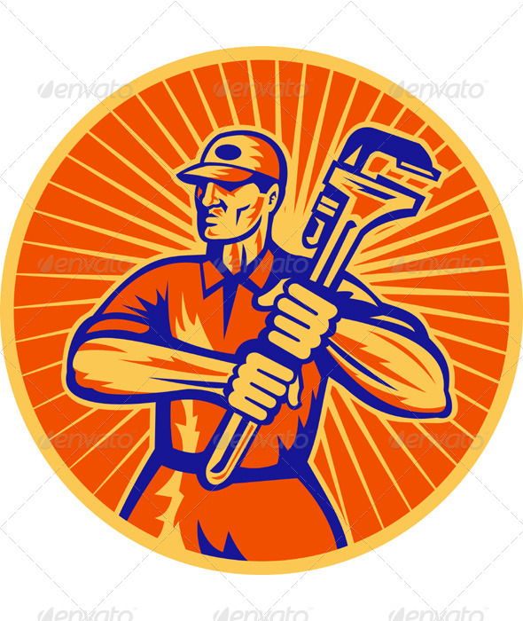 Plumber Repairman Holding Monkey Wrench - Industries Business