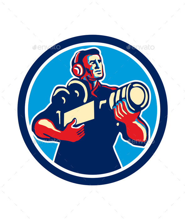 Cameraman Cradling Vintage Camera Circle Retro - People Characters