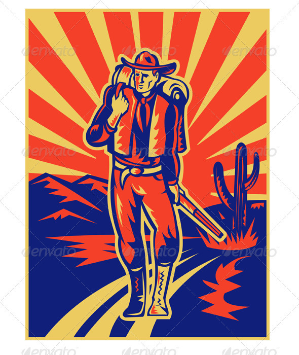 Cowboy With Backpack and Rifle Retro Style