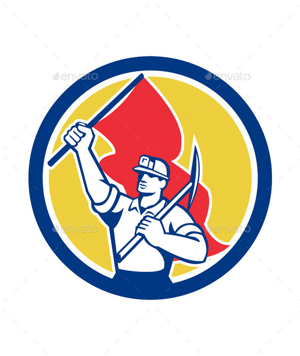 Coal Miner Hardhat Holding Axe and Flag Retro - People Characters