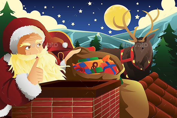 Santa Claus with Sleigh Full of Christmas Presents - Christmas Seasons/Holidays
