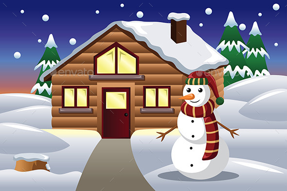 Snowman in Front of a House - Christmas Seasons/Holidays