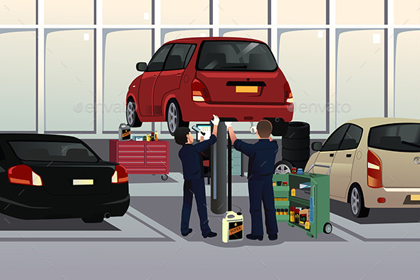 Auto Mechanic Fixing a Car Under the Hood - People Characters
