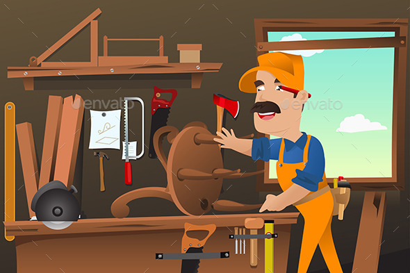 Carpenter Working Making a Chair - People Characters
