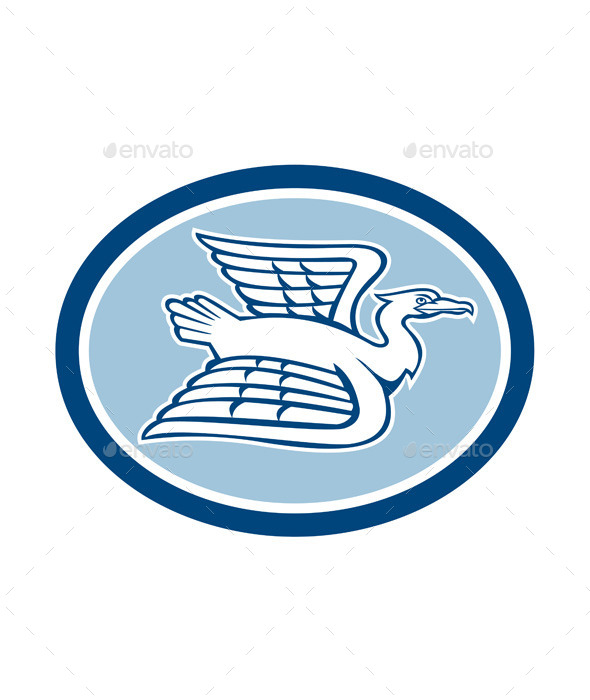 Heron Crane Flying Side View Oval Retro - Animals Characters