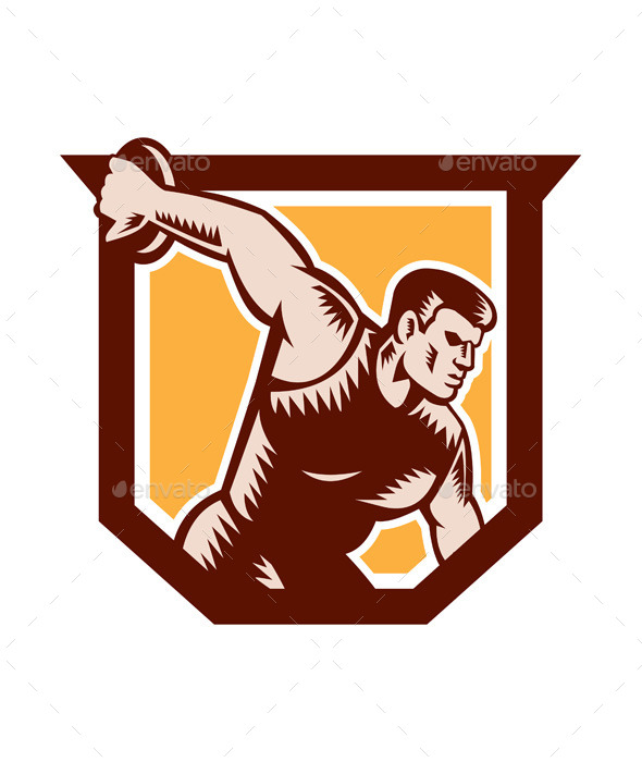 Discus Thrower Shield Woodcut - Sports/Activity Conceptual