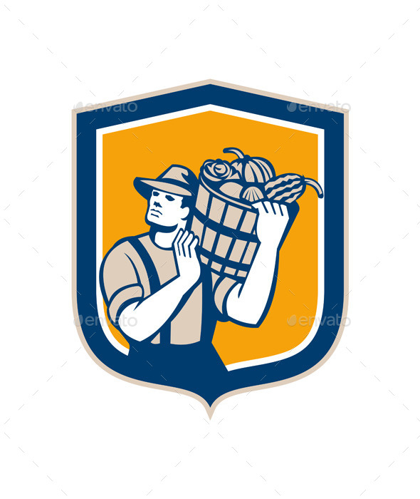Wheat Farmer With Crop Harvest Bucket Retro - People Characters