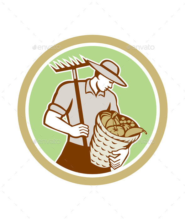Organic Farmer Holding Rake Harvest Basket Retro - People Characters