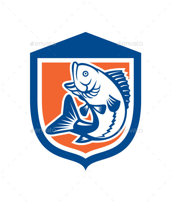 Largemouth Bass Jumping Side View Shield Retro - Animals Characters