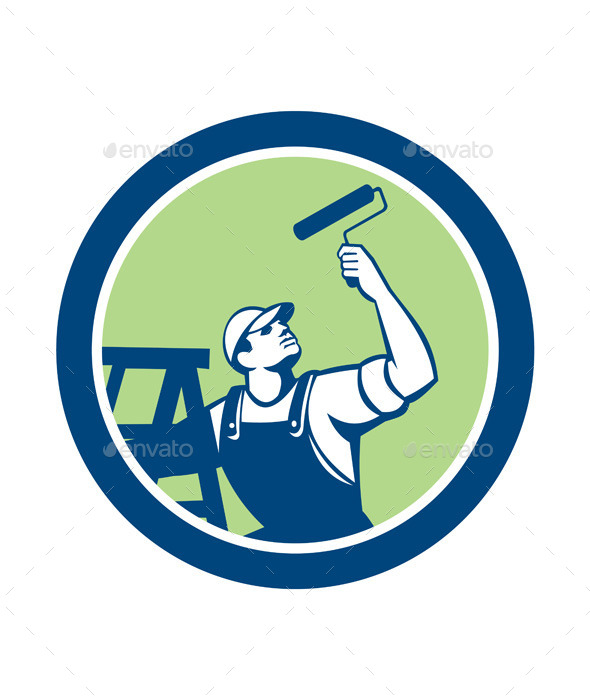 House Painter With Paint Roller and Ladder Retro - People Characters
