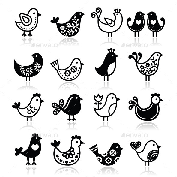 Folk Birds Icons Set - Animals Characters