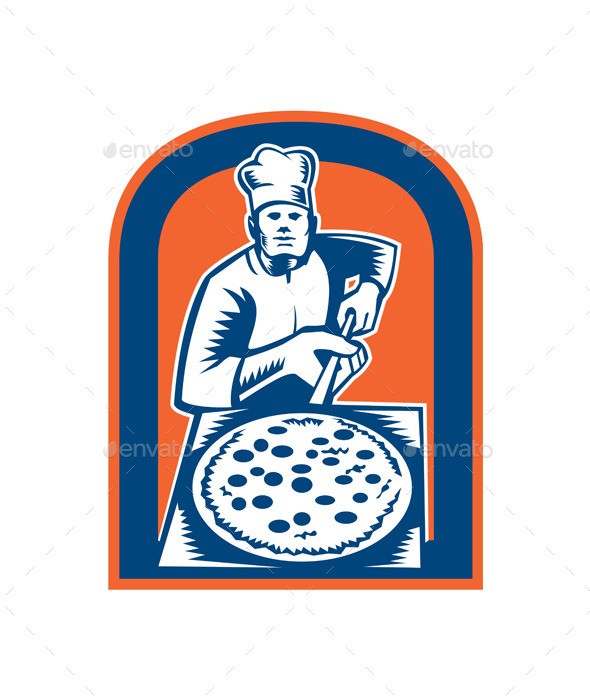 Pizza Maker Holding Pizza Peel Shield Woodcut - People Characters