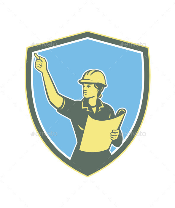 Female Construction Worker Engineer Shield Retro - People Characters