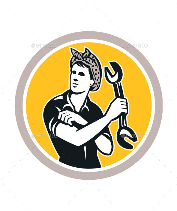 Female Mechanic Wrench Circle Retro - People Characters