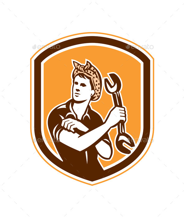 Female Mechanic Spanner Shield Retro - People Characters