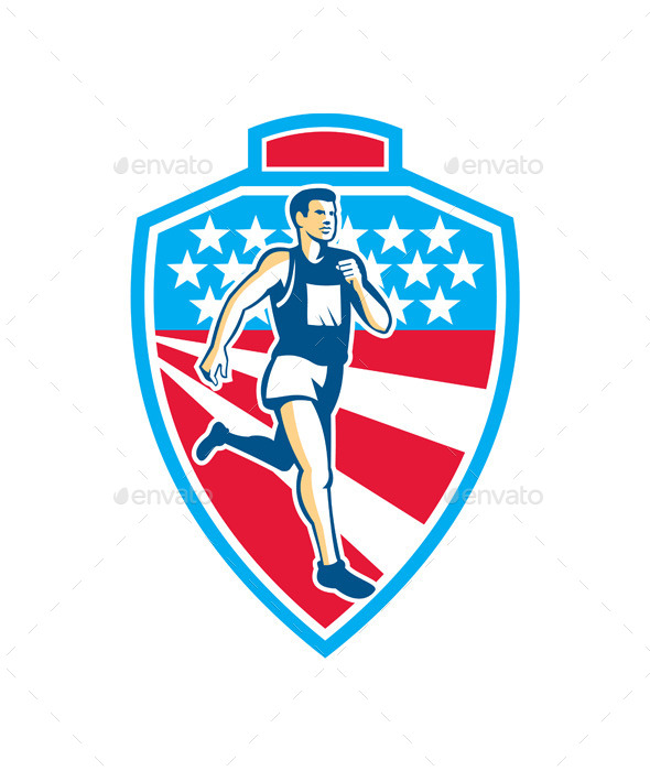 American Marathon Runner Running Shield Retro - Sports/Activity Conceptual
