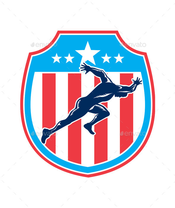Sprinter Runner Running Shield Woodcut Retro - Sports/Activity Conceptual