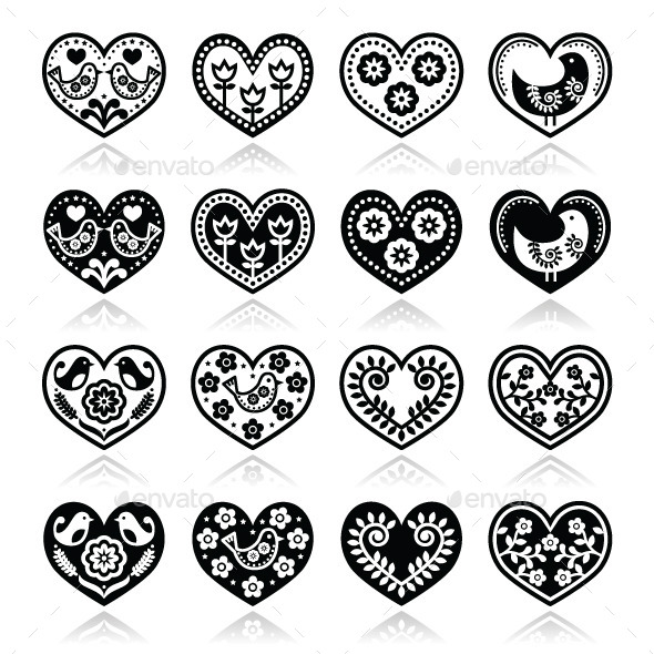 Folk Hearts with Flowers and Birds Icons Set - Patterns Decorative