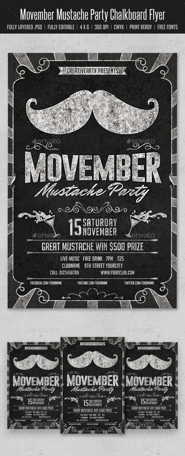 Movember Mustache Party Chalkboard Flyer - Clubs & Parties Events