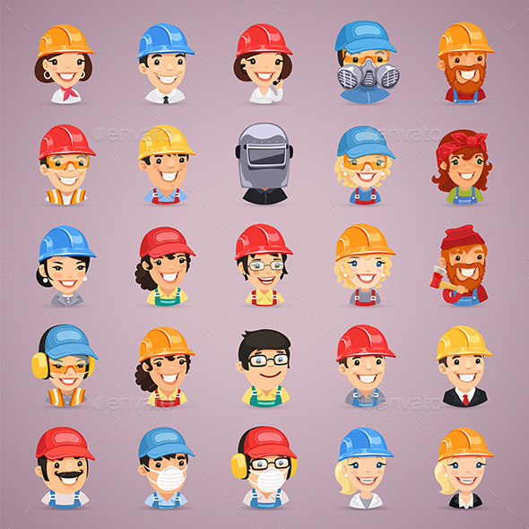 Builders Cartoon Characters Icons Set - People Characters