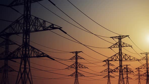 Eelectric powerlines and pylons animation with the setting sun. Loopable. HD alt