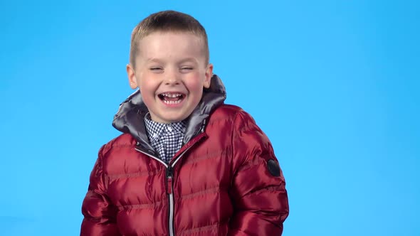 Boy Laughing Loudly, Looking at Camera, Posing Against Blue Background. alt
