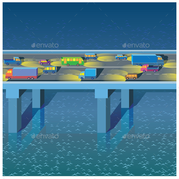 Night Bridge with Cars - Buildings Objects