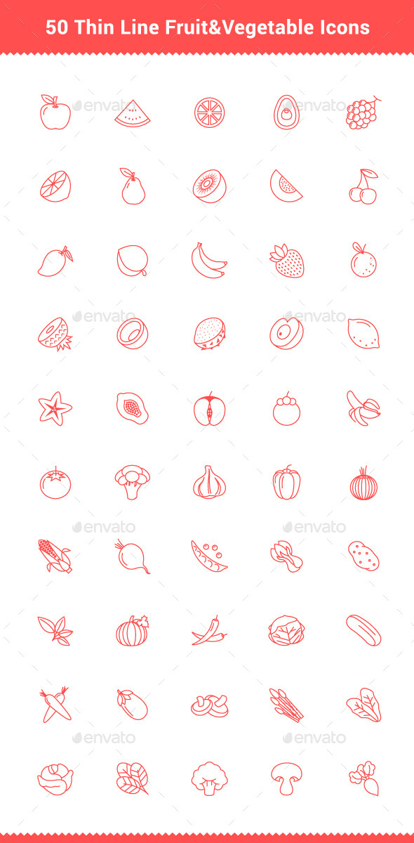 50 Thin Line Stroke Fruit and Vegetable Icons - Food Objects