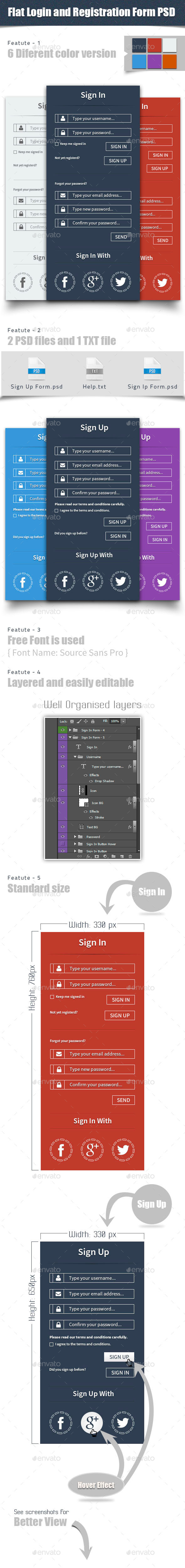 Flat Login and Registration Form PSD - Forms Web Elements