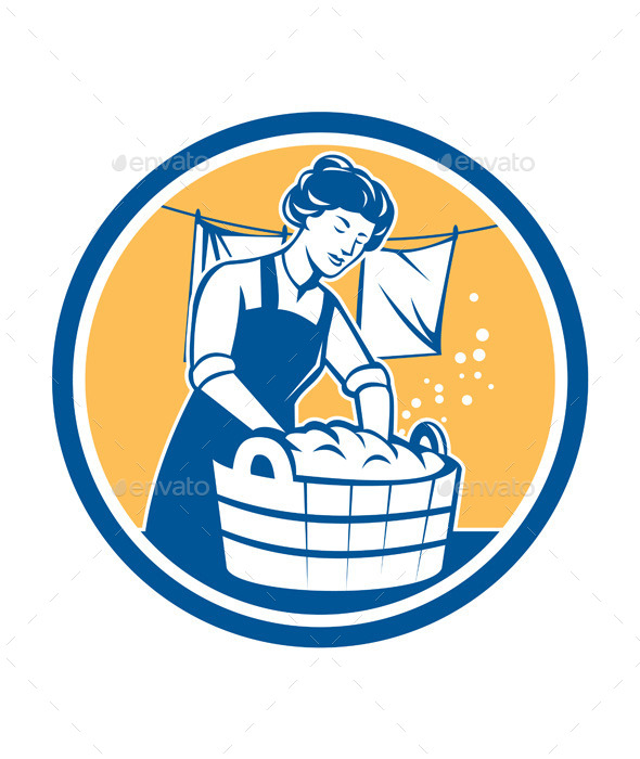 Housewife Washing Laundry Vintage Circle - People Characters