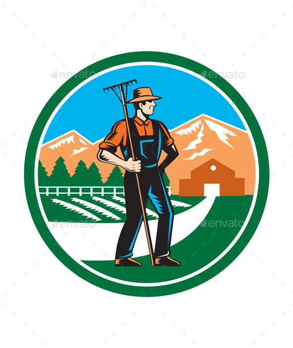 Organic Farmer Rake Woodcut Retro - People Characters