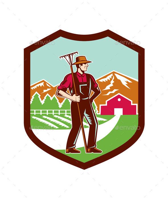 Organic Farmer Woodcut Shield - People Characters