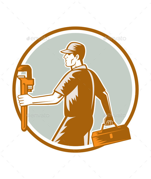 Plumber Carry Toolbox Wrench Circle Woodcut - People Characters