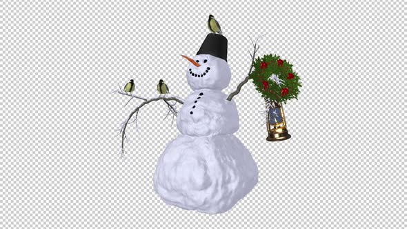 Christmas Snowman - Lantern, Titmice, Wreath - Windy Loop - Alpha Channel
