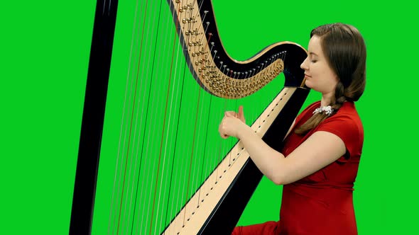 Young Beautiful Female Harpist In Red Dress Playing Harp On Green Screen