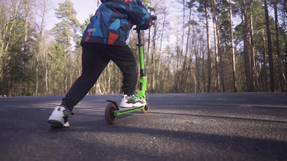 Blonde Boy Riding an Kick Scooter in the Park at Sunny Spring Day