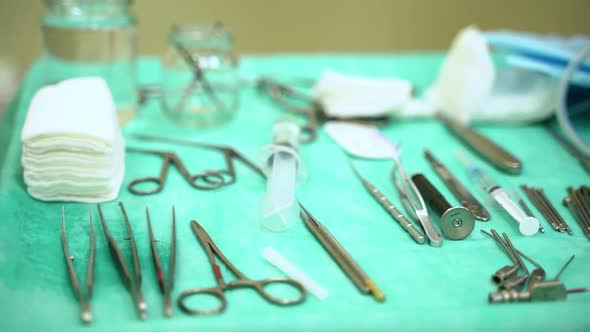 Surgical Tools Medical Supplies Are on Sterile Surgical Tray Table in Hospital Operating Room