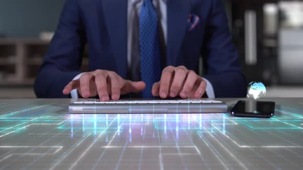Businessman Writing On Hologram Desk Tech Word   Racial Profiling alt