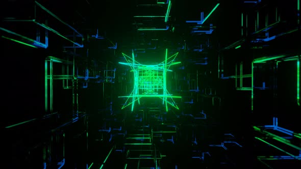3d Object or Structure Rotates and Moves Inside Glass Mirror Tunnel with Neon Light Bright alt