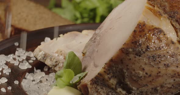 A Large Piece Of Ham Was Laid Out On A Plate. Serving A Meat Dish