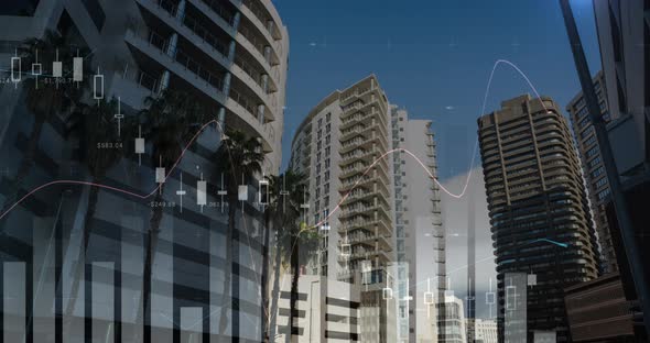 Graphs moving in the screen with a background of buildings alt